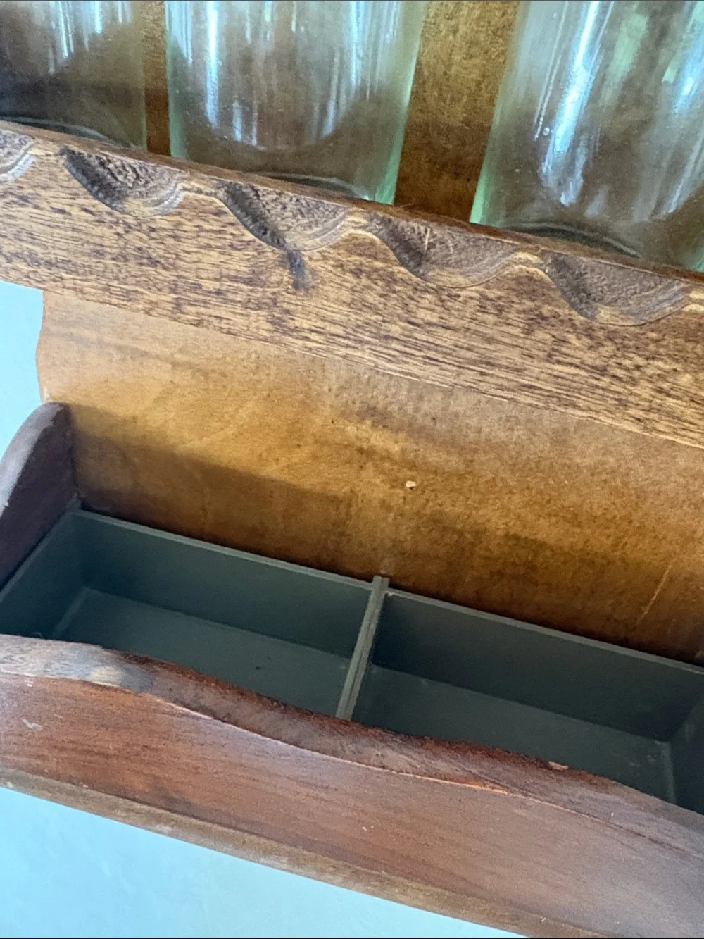 VTG Wooden Wall Spice Rack with Glass Jars & labels